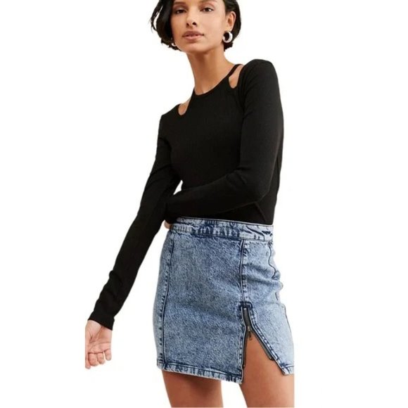 Free People We The Free Midnight Magic Acid Denim Jean Mini Skirt Zipper Slit - Picture 1 of 3